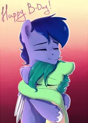 Size: 748x1041 | Tagged: safe, artist:kaylemi, derpibooru import, oc, oc:kaylemi, oc:rain, unofficial characters only, earth pony, pegasus, pony, duo, earth pony oc, eyes closed, female, gradient background, hug, image, jpeg, male, oc x oc, pegasus oc, shipping, wings