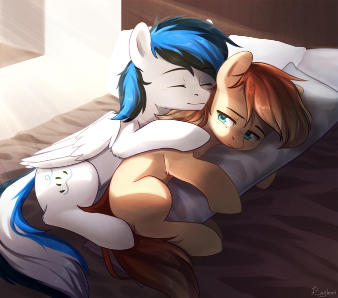 Size: 1222x1080 | Tagged: safe, artist:kaylemi, derpibooru import, oc, unofficial characters only, earth pony, pegasus, pony, bed, cuddling, duo, earth pony oc, female, image, jpeg, male, morning ponies, oc x oc, pegasus oc, shipping, wings