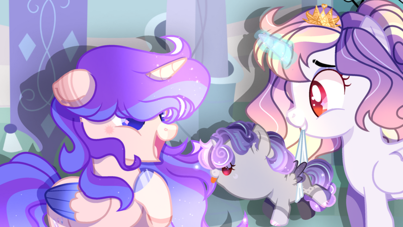 Size: 1191x671 | Tagged: safe, artist:hancar, artist:selenavivacity, derpibooru import, oc, oc:harmonious armor senriga, oc:selena vivacity, oc:whisper nocturnal, unofficial characters only, alicorn, pony, alicorn oc, aunt and niece, baby, baby pony, base used, coat markings, colored hooves, colored pupils, colored wings, crown, female, filly, foal, gradient mane, half-sisters, horn, image, jewelry, magical lesbian spawn, mare, mascara, mother and child, mother and daughter, mouth hold, offspring, offspring's offspring, parent:flash sentry, parent:oc:sapphire moon, parent:oc:selena vivacity, parent:rainbow dash, parent:twilight sparkle, parents:flashlight, parents:twidash, png, regalia, shadow, trio, trio female, wings