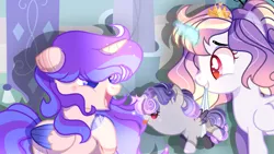 Size: 1191x671 | Tagged: safe, artist:hancar, artist:selenavivacity, derpibooru import, oc, oc:harmonious armor senriga, oc:selena vivacity, oc:whisper nocturnal, unofficial characters only, alicorn, pony, alicorn oc, aunt and niece, baby, baby pony, base used, coat markings, colored hooves, colored pupils, colored wings, crown, female, filly, foal, gradient mane, half-sisters, horn, image, jewelry, magical lesbian spawn, mare, mascara, mother and child, mother and daughter, mouth hold, offspring, offspring's offspring, parent:flash sentry, parent:oc:sapphire moon, parent:oc:selena vivacity, parent:rainbow dash, parent:twilight sparkle, parents:flashlight, parents:twidash, png, regalia, shadow, trio, trio female, wings