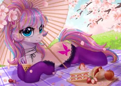 Size: 3050x2156 | Tagged: safe, artist:kaylemi, derpibooru import, oc, unofficial characters only, earth pony, pony, bubble tea, cake, cake slice, cherry blossoms, clothes, earth pony oc, female, flower, flower blossom, food, image, lying down, picnic, png, prone, socks, strawberry