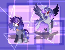 Size: 1280x988 | Tagged: safe, artist:nocturnal-moonlight, artist:selenavivacity, derpibooru import, oc, oc:imperial moonlight, oc:whisper nocturnal, unofficial characters only, alicorn, pony, unicorn, abstract background, alicorn oc, base used, bracelet, choker, coat markings, colored, colored wings, crown, duo, duo female, ethereal mane, female, horn, image, jewelry, jpeg, mare, offspring, offspring's offspring, parent:oc:sapphire moon, parent:oc:selena vivacity, red eyes, regalia, shadow, siblings, sisters, sparkly wings, unicorn oc, wings