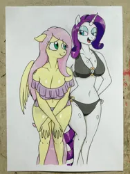 Size: 3024x4032 | Tagged: suggestive, artist:killerteddybear94, derpibooru import, fluttershy, rarity, anthro, pegasus, unicorn, belly button, bikini, breasts, busty fluttershy, busty rarity, cleavage, clothes, duo, female, image, jpeg, swimsuit, traditional art