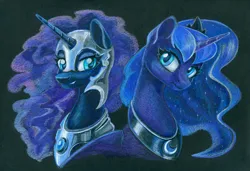 Size: 1608x1100 | Tagged: safe, artist:maytee, derpibooru import, nightmare moon, princess luna, alicorn, pony, black background, bust, colored pencil drawing, duality, image, png, simple background, traditional art