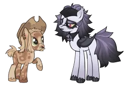 Size: 1406x944 | Tagged: safe, artist:grubgruel, artist:lovedletters, applejack, inky rose, bat pony, earth pony, pegasus, pony, base used, bat ponified, coat markings, couple, ear piercing, female, goth, height difference, image, lesbian, makeup, mare, nose piercing, nose ring, piercing, png, punk, race swap, redesign, shipping, simple background, skinhead, transparent background, unshorn fetlocks