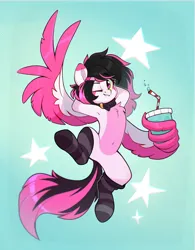 Size: 1516x1939 | Tagged: safe, artist:rexyseven, derpibooru import, oc, unofficial characters only, pegasus, pony, arm behind head, belly button, bendy straw, chest fluff, clothes, collar, colored wings, cup, drink, drinking straw, image, looking at you, multicolored wings, one eye closed, pegasus oc, png, smiling, smiling at you, socks, solo, spread wings, striped socks, two toned coat, two toned wings, wing hands, wing hold, wings