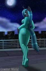 Size: 840x1280 | Tagged: suggestive, artist:creatorworld, derpibooru import, queen chrysalis, anthro, changeling, changeling queen, plantigrade anthro, ass, bodysuit, breasts, busty queen chrysalis, butt, city, cityscape, clothes, female, fetish, full moon, high heels, image, jpeg, latex, latex suit, looking at you, looking back, looking back at you, moon, night, railing, roof, rubber, rubber suit, shoes, sideboob, solo, solo female, starry night, tail, tail sticking out, wingless