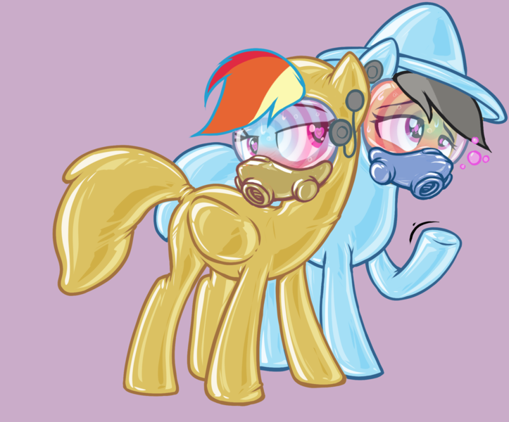 Size: 1229x1020 | Tagged: suggestive, edit, editor:anonymous, daring do, rainbow dash, pegasus, pony, /mlp/ latex requests, bedroom eyes, blue coat, blushing, bondage, brown coat, dizzy, drone, duo, duo female, earpiece, encasement, female, gas mask, gray mane, heart eyes, hypnogear, hypnosis, hypnotized, image, latex, latex suit, looking at someone, looking up, mare, mask, multicolored mane, png, purple eyes, raised hoof, show accurate, side view, simple background, sweat, two toned mane, wingding eyes