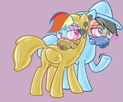 Size: 1229x1020 | Tagged: suggestive, edit, editor:anonymous, daring do, rainbow dash, pegasus, pony, /mlp/ latex requests, bedroom eyes, blue coat, blushing, bondage, brown coat, dizzy, drone, duo, duo female, earpiece, encasement, female, gas mask, gray mane, heart eyes, hypnogear, hypnosis, hypnotized, image, latex, latex suit, looking at someone, looking up, mare, mask, multicolored mane, png, purple eyes, raised hoof, show accurate, side view, simple background, sweat, two toned mane, wingding eyes