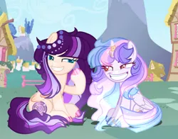 Size: 1280x1001 | Tagged: safe, artist:selenavivacity, derpibooru import, oc, oc:selena vivacity, oc:stella moon, unofficial characters only, alicorn, pegasus, pony, alicorn oc, bracelet, colored hooves, colored pupils, duo, duo female, ethereal mane, female, half-sisters, horn, horn ring, image, jewelry, jpeg, magical lesbian spawn, mare, offspring, parent:flash sentry, parent:rainbow dash, parent:twilight sparkle, parents:flashlight, parents:twidash, pegasus oc, ring, sitting, wings