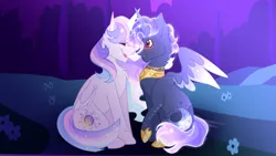Size: 1191x671 | Tagged: safe, artist:selenavivacity, derpibooru import, oc, oc:sapphire moon, oc:selena vivacity, unofficial characters only, alicorn, pony, alicorn oc, blushing, colored wings, ethereal mane, female, hoof shoes, horn, image, magical lesbian spawn, male, mare, oc x oc, offspring, offspring shipping, parent:king sombra, parent:princess luna, parent:rainbow dash, parent:twilight sparkle, parents:lumbra, parents:twidash, peytral, png, shipping, sitting, sparkly wings, stallion, straight, wings
