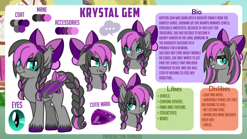 Size: 1200x676 | Tagged: safe, artist:jennieoo, derpibooru import, oc, oc:krystal gem, bat pony, pegasus, pony, angry, bedroom eyes, bio, bored, bow, braid, bust, cutie mark, dislikes, full body, image, likes, looking at you, png, portrait, reference, reference sheet, show accurate, simple background, smiling, smiling at you, solo