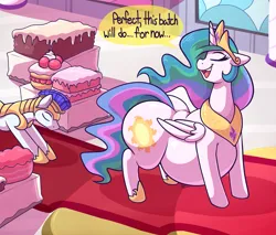 Size: 4703x4000 | Tagged: suggestive, artist:graphenescloset, derpibooru import, princess celestia, alicorn, pony, series:tons of sun, belly, big belly, bowing, butt, cake, cakelestia, chubbylestia, crown, dialogue, fat, female, food, happy, image, incentive drive, jewelry, mare, png, regalia, royal guard, sunbutt, the ass was fat, weight gain, weight gain sequence