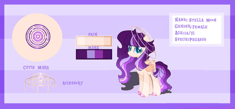 Size: 1280x598 | Tagged: safe, artist:selenavivacity, derpibooru import, oc, oc:stella moon, pegasus, pony, colored hooves, colored pupils, colored wings, cutie mark, female, frame, image, jpeg, long description, mare, offspring, parent:flash sentry, parent:twilight sparkle, parents:flashlight, pegasus oc, reference sheet, solo, striped background, wings