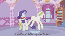Size: 1920x1080 | Tagged: safe, derpibooru import, edit, edited screencap, screencap, rarity, suited for success, animated, art of the dress, caption, carousel boutique, clothes, dress, gala dress, glasses, image, mannequin, measuring tape, no sound, rarity's glasses, text, vulgar, webm