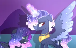 Size: 1125x710 | Tagged: safe, artist:nocturnal-moonlight, artist:selenavivacity, derpibooru import, oc, oc:lunar galaxy, oc:sapphire moon, unofficial characters only, alicorn, pony, alicorn oc, argument, base used, brothers, coat markings, colored pupils, colored wings, duo, duo male, ethereal mane, horn, image, jpeg, magic, magic aura, male, offspring, parent:king sombra, parent:princess luna, parents:lumbra, peytral, siblings, sparkly wings, stallion, wings