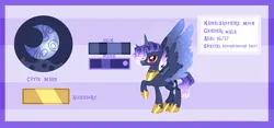 Size: 1280x598 | Tagged: safe, artist:selenavivacity, derpibooru import, oc, oc:sapphire moon, unofficial characters only, alicorn, pony, alicorn oc, colored pupils, colored wings, cutie mark, ethereal mane, frame, hoof shoes, horn, image, jpeg, male, offspring, parent:king sombra, parent:princess luna, parents:lumbra, peytral, reference sheet, sparkly wings, stallion, striped background, wings