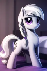 Size: 512x768 | Tagged: safe, derpibooru import, machine learning generated, novelai, silver spoon, earth pony, pony, alternate cutie mark, bed, bedroom, braid, female, filly, foal, hair braid, image, missing accessory, on bed, pillow, png, purple eyes, solo