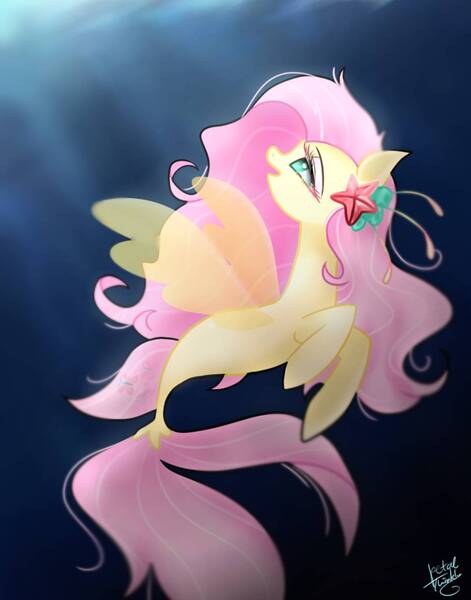 Size: 1074x1368 | Tagged: safe, artist:petaltwinkle, derpibooru import, fluttershy, pegasus, pony, seapony (g4), starfish, colored pupils, crepuscular rays, cute, digital art, dorsal fin, eyelashes, female, fin wings, fins, fish tail, flowing mane, flowing tail, green eyes, image, jpeg, looking up, mare, ocean, open mouth, pink mane, seaponified, seapony fluttershy, signature, smiling, solo, species swap, sunlight, swimming, tail, underwater, water, wings