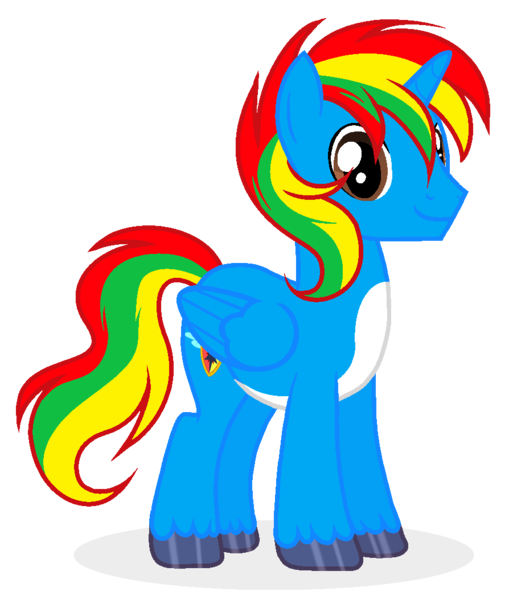 Size: 894x1054 | Tagged: safe, artist:existencecosmos188, derpibooru import, oc, oc:shield wing, unofficial characters only, alicorn, pony, alicorn oc, horn, image, male, multicolored hair, png, rainbow hair, simple background, smiling, solo, stallion, transparent background, unshorn fetlocks, wings