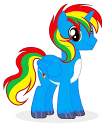 Size: 894x1054 | Tagged: safe, artist:existencecosmos188, derpibooru import, oc, oc:shield wing, unofficial characters only, alicorn, pony, alicorn oc, horn, image, male, multicolored hair, png, rainbow hair, simple background, smiling, solo, stallion, transparent background, unshorn fetlocks, wings