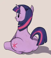 Size: 2800x3200 | Tagged: safe, artist:terzeebo, derpibooru import, twilight sparkle, pony, unicorn, butt, female, image, jpeg, looking at you, looking back, looking back at you, mare, open mouth, open smile, plot, simple background, sitting, smiling, solo, twibutt, unicorn twilight