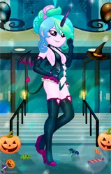 Size: 664x1046 | Tagged: suggestive, artist:charliexe, derpibooru import, princess celestia, equestria girls, breasts, canterlot high, clothes, corrupted, evil, female, halloween, holiday, image, jack-o-lantern, jpeg, principal celestia, pumpkin, solo, solo female, vine