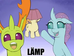 Size: 2048x1562 | Tagged: safe, artist:heretichesh, derpibooru import, ocellus, thorax, oc, changedling, changeling, pony, foal, hat, image, jpeg, king thorax, lampshade, lampshade hat, meme, talking to viewer
