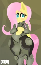 Size: 1938x3051 | Tagged: safe, artist:isaac_pony, derpibooru import, fluttershy, pegasus, semi-anthro, butt, clothes, disproportional anatomy, doom, female, glasses, huge butt, image, large butt, logo, png, shy, solo, suit