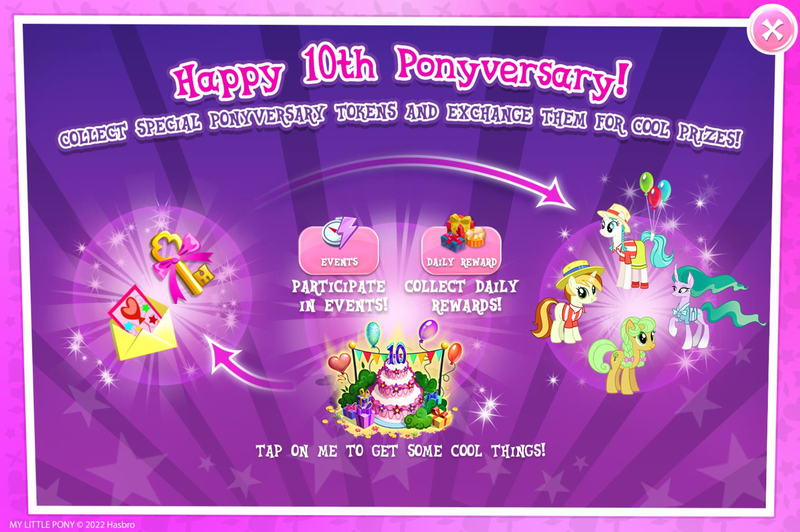 Size: 1962x1304 | Tagged: safe, derpibooru import, official, goldie delicious, mistmane, peachy pitt, earth pony, pony, unicorn, anniversary, balloon, bow, braid, bush, cake, card, clothes, curved horn, english, envelope, ethereal mane, ethereal tail, event, fair way, female, flowing mane, flowing tail, food, gameloft, hair bow, hat, heart, heart balloon, horn, image, jpeg, key, mare, mlp gameloft tenth anniversary, present, ribbon, tail, text, young, young mistmane