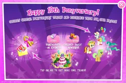 Size: 1962x1304 | Tagged: safe, derpibooru import, official, goldie delicious, mistmane, peachy pitt, earth pony, pony, unicorn, anniversary, balloon, bow, braid, bush, cake, card, clothes, curved horn, english, envelope, ethereal mane, ethereal tail, event, fair way, female, flowing mane, flowing tail, food, gameloft, hair bow, hat, heart, heart balloon, horn, image, jpeg, key, mare, mlp gameloft tenth anniversary, present, ribbon, tail, text, young, young mistmane