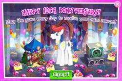 Size: 1960x1298 | Tagged: safe, derpibooru import, official, acrylic paint (character), earth pony, pony, anniversary, balloon, beret, card, clothes, english, envelope, event, gameloft, gem, hat, heart, heart balloon, image, jpeg, male, mlp gameloft tenth anniversary, overalls, plushie, solo, solo focus, speaker, stallion, text