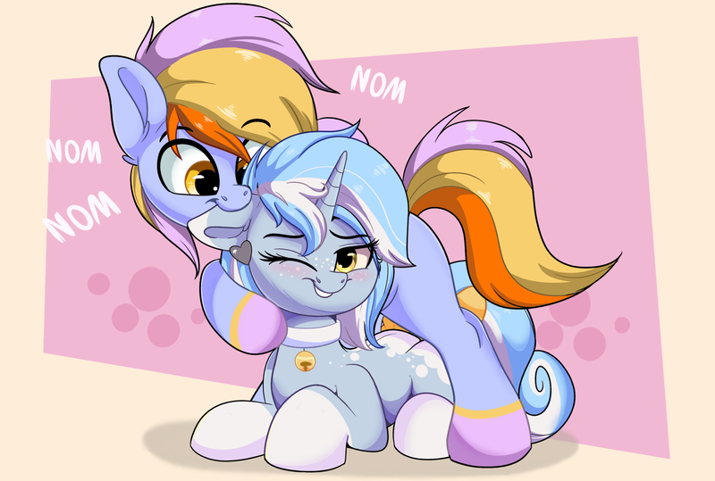 Size: 2454x1652 | Tagged: safe, artist:joaothejohn, derpibooru import, oc, oc:arctic snowfall, pegasus, pony, unicorn, biting, blushing, collar, commission, cute, duo, ear bite, ear piercing, earring, horn, image, jewelry, looking at each other, looking at someone, lying down, lying on top of someone, nom, oc x oc, pegasus oc, piercing, png, shipping, simple background, text, unicorn oc, wings