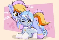 Size: 2454x1652 | Tagged: safe, artist:joaothejohn, derpibooru import, oc, oc:arctic snowfall, pegasus, pony, unicorn, biting, blushing, collar, commission, cute, duo, ear bite, ear piercing, earring, horn, image, jewelry, looking at each other, looking at someone, lying down, lying on top of someone, nom, oc x oc, pegasus oc, piercing, png, shipping, simple background, text, unicorn oc, wings