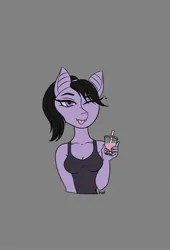 Size: 1250x1834 | Tagged: artist needed, source needed, safe, derpibooru import, oc, unofficial characters only, anthro, breasts, bubble tea, cleavage, clothes, drink, fangs, female, gray background, heart, image, jpeg, one eye closed, ponytail, simple background, tanktop, tongue out, wink