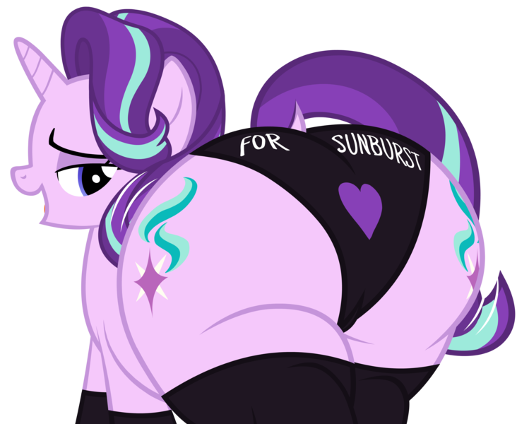 Size: 4600x3773 | Tagged: suggestive, artist:duskyzombie, derpibooru import, starlight glimmer, pony, unicorn, absurd resolution, both cutie marks, butt, clothes, cute, derpibooru exclusive, female, glimmer glutes, high res, image, large butt, lidded eyes, looking back, mare, plot, plump, png, simple background, socks, solo, the ass was fat, transparent background, underwear, walking