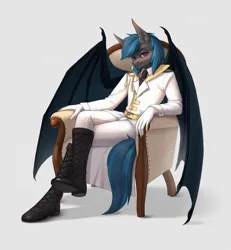 Size: 2769x3000 | Tagged: safe, artist:inarimayer, derpibooru import, oc, oc:nocturne star, unofficial characters only, anthro, bat pony, blue hair, boots, chair, clothes, gray coat, image, male, png, purple eyes, shoes, smug, solo, spread wings, suit, uniform, wings