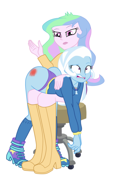 Size: 1900x2914 | Tagged: suggestive, artist:gmaplay, derpibooru import, princess celestia, trixie, equestria girls, ass, butt, duo, duo female, female, image, over the knee, png, principal celestia, punishment, simple background, spank mark, spanked, spanking, the great and powerful ass, transparent background