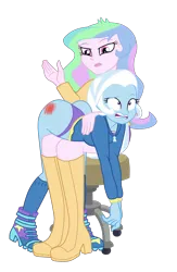 Size: 1900x2914 | Tagged: suggestive, artist:gmaplay, derpibooru import, princess celestia, trixie, equestria girls, ass, butt, duo, duo female, female, image, over the knee, png, principal celestia, punishment, simple background, spank mark, spanked, spanking, the great and powerful ass, transparent background