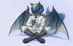 Size: 2530x1590 | Tagged: safe, artist:莫衡, derpibooru import, oc, oc:nocturne star, unofficial characters only, anthro, bat pony, blue hair, boots, clothes, gray coat, image, png, purple eyes, shoes, solo, spread wings, uniform, wings