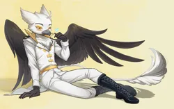 Size: 2530x1590 | Tagged: safe, artist:莫衡, derpibooru import, oc, oc:tristan alastair, unofficial characters only, anthro, gryphon, boots, claws, clothes, griffon oc, image, png, shoes, solo, spread wings, uniform, white fur, wings