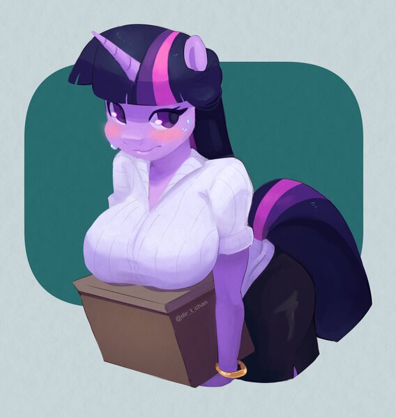 Size: 1187x1253 | Tagged: suggestive, artist:talimingi, derpibooru import, twilight sparkle, anthro, big breasts, blushing, box, bracelet, breasts, busty twilight sparkle, button-up shirt, carrying, clothes, dress shirt, female, green background, huge breasts, image, jewelry, jpeg, looking at you, shirt, simple background, solo, solo female, sweat