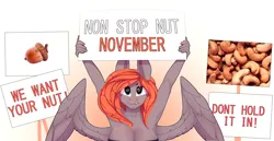 Size: 3500x1800 | Tagged: suggestive, artist:chapaevv, derpibooru import, oc, oc:noelle, unofficial characters only, anthro, pegasus, breasts, cleavage, female, heart, heart eyes, image, looking at you, nnn, no nut november, november, nuts, png, sign, solo, solo female, wingding eyes, wings
