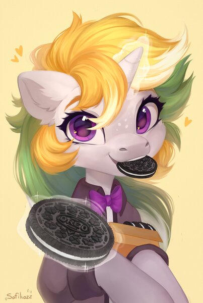 Size: 2752x4096 | Tagged: safe, artist:sofiko-ko, derpibooru import, oc, unofficial characters only, pony, unicorn, cookie, food, image, jpeg, offering, oreo, solo