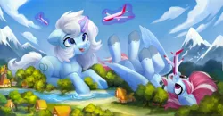 Size: 4096x2134 | Tagged: safe, artist:sofiko-ko, derpibooru import, oc, unofficial characters only, pegasus, pony, unicorn, collar, female, high res, house, image, jpeg, looking up, macro, magic, mare, plane, telekinesis, tree, water