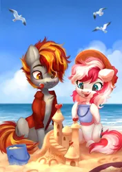 Size: 2896x4096 | Tagged: safe, artist:sofiko-ko, derpibooru import, oc, unofficial characters only, earth pony, pony, beach, female, high res, image, jpeg, male, mare, pail, sand, sandcastle, shipping, stallion, straight
