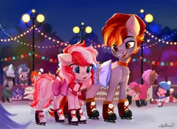 Size: 4096x2981 | Tagged: safe, artist:sofiko-ko, derpibooru import, oc, unofficial characters only, earth pony, pony, unicorn, clothes, female, hat, high res, ice skates, ice skating, image, jpeg, male, mare, pillow, skates, stallion, sweater