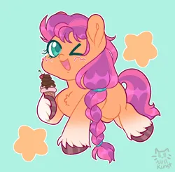 Size: 1244x1221 | Tagged: safe, artist:zerotheillemonati, derpibooru import, sunny starscout, earth pony, pony, chibi, female, food, g5, ice cream, ice cream cone, image, one eye closed, png, solo, wink