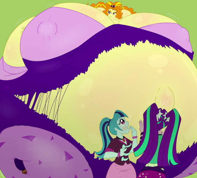 Size: 1998x1800 | Tagged: questionable, artist:necrofeline, derpibooru import, adagio dazzle, aria blaze, sonata dusk, series:soda of swelling, equestria girls, bloating, breast expansion, breasts, clothes, disguise, disguised siren, female, green background, growth, image, inflation, jewelry, looking up, pendant, pigtails, png, ponytail, sequence, simple background, smiling, the dazzlings, trio, trio female, twintails, worried