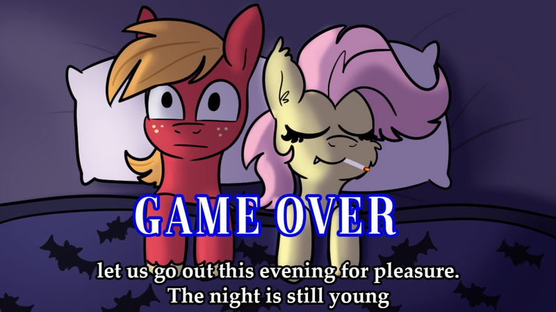 Size: 1920x1080 | Tagged: suggestive, artist:tjpones, derpibooru import, big macintosh, fluttershy, bat pony, earth pony, pony, :|, aftersex, bat ponified, bed, castlevania, castlevania: symphony of the night, cheek fluff, cigarette, eyes closed, female, flutterbat, fluttermac, game over, halloween, holiday, image, male, mare, on bed, open mouth, overhead view, png, race swap, screenshots, sheet, shipping, smiling, smoking, stallion, stare, straight, text, video at source